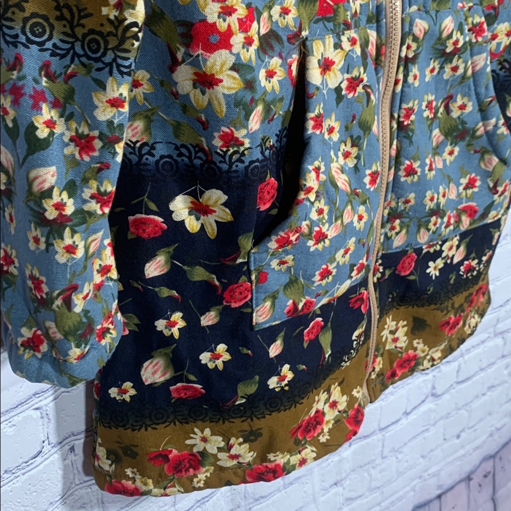 Cellabie Womens Fleece Lined Patchwork Floral Hooded Jacket Blue S Boho Casual - Picture 3 of 6